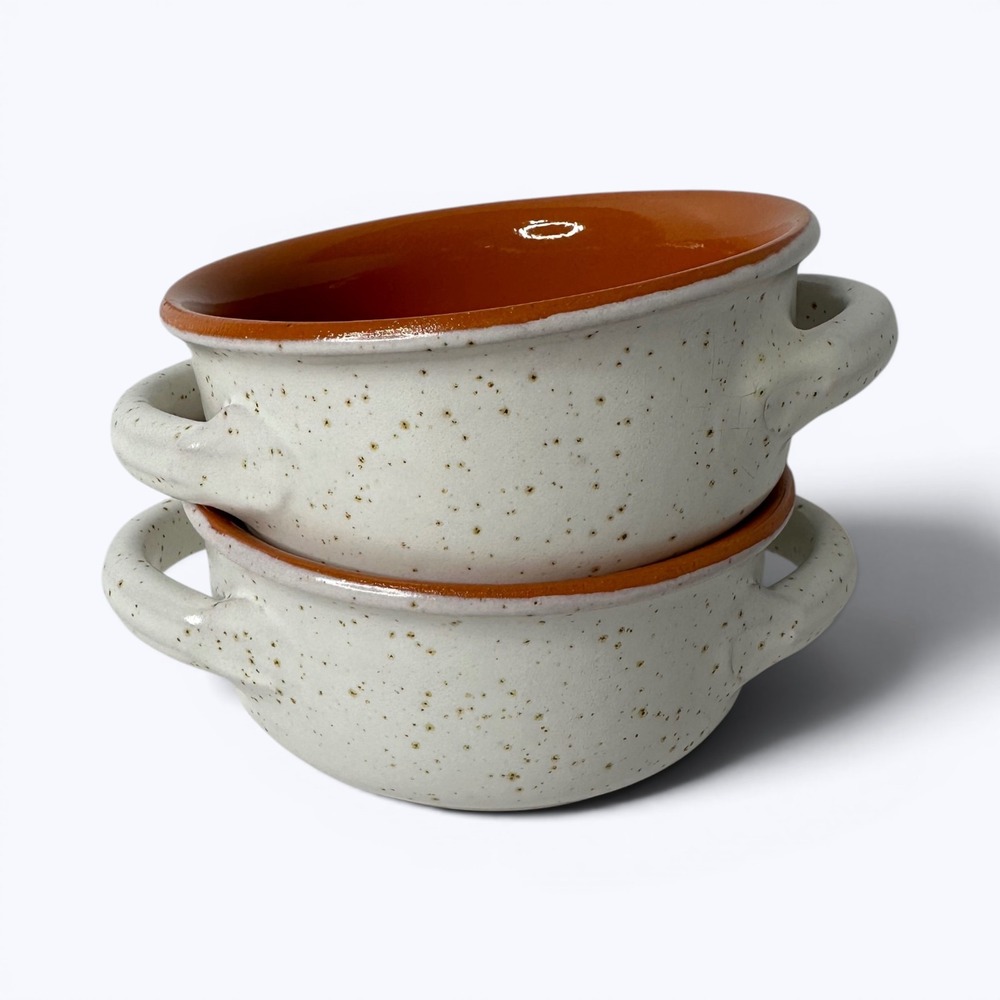 2 De Silva Italy Glazed Speckled Terracotta Soup Bowls Double Handles Farmhouse